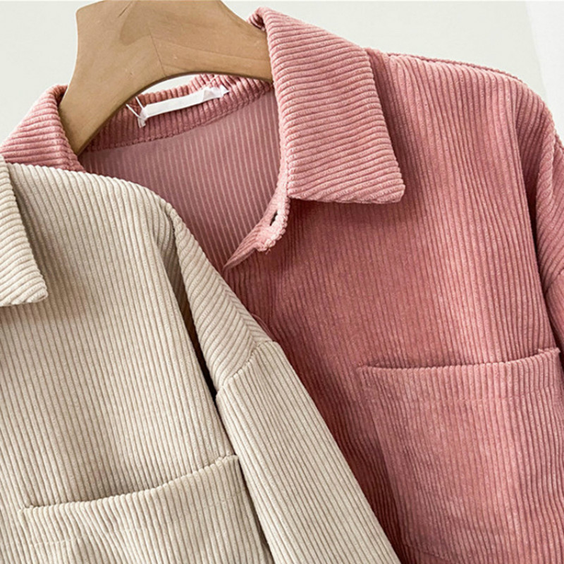 Γυναικείες μπλούζες Κοτλέ μασίφ πουκάμισα casual τσέπες μακριά μανίκια με γυριστό γιακά Κορεάτικο στυλ Vintage απλό φθινόπωρο με κουμπιά επάνω INS