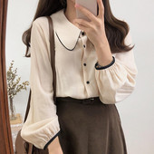 Cămașă pentru femeie Bluză vintage Cămăși largi de stradă femei cu mâneci bufante lungi guler răsturnat Bluză cu o singură breastă Cămașă pentru birou