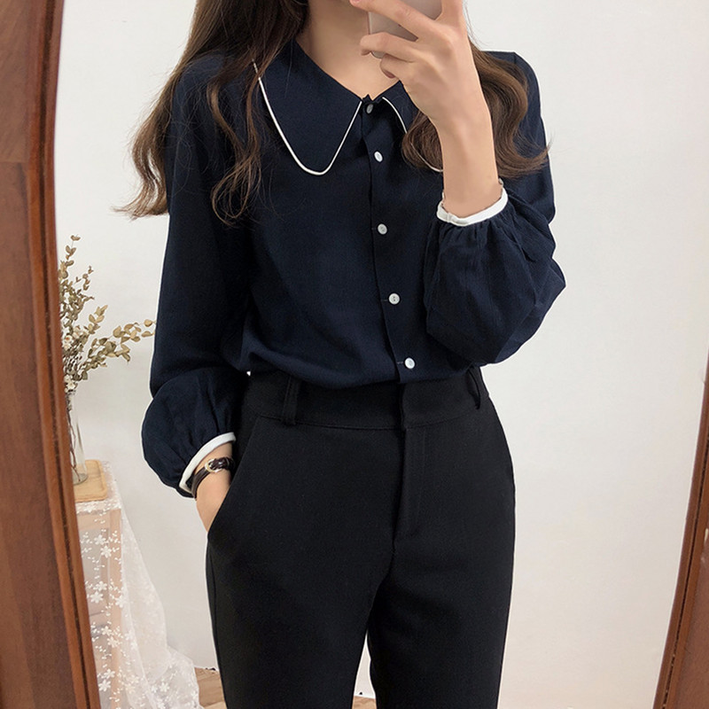 Γυναικείο πουκάμισο Vintage Μπλούζα Φαρδιά Πουκάμισα στο δρόμο Γυναικεία μακριά φουσκωτά μανίκια με γυριστό γιακά μονόπλευρη μπλούζα πουκάμισο τοπ γραφείου