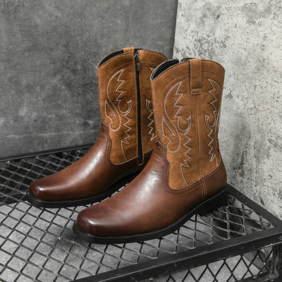 Chelsea Boots Vyriški juodi Western Cowboy batai odos siuvinėti vyriški batai Rudi retro dviratininko vyriški odiniai batai
