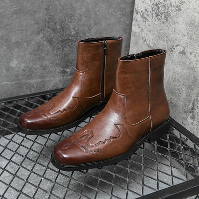 Chelsea Boots Vyriški juodi Western Cowboy batai odos siuvinėti vyriški batai Rudi retro dviratininko vyriški odiniai batai