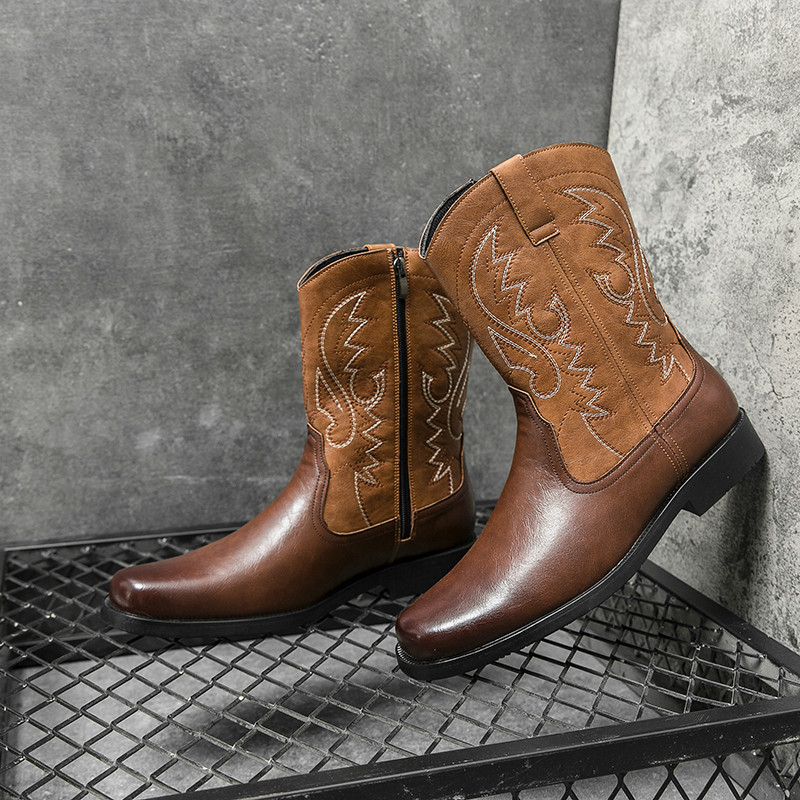 Chelsea Boots Vyriški juodi Western Cowboy batai odos siuvinėti vyriški batai Rudi retro dviratininko vyriški odiniai batai