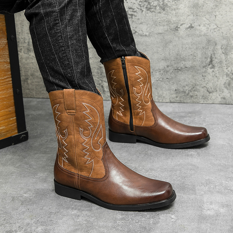 Chelsea Boots Vyriški juodi Western Cowboy batai odos siuvinėti vyriški batai Rudi retro dviratininko vyriški odiniai batai