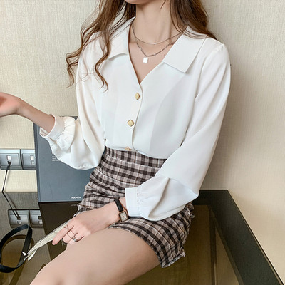 Jarná jesenná blúzka s dlhým rukávom a výstrihom do V, šifónová, dámska, biele topy a blúzky, super rozprávková kancelárska košeľa, dámska chemisier Femme 10685