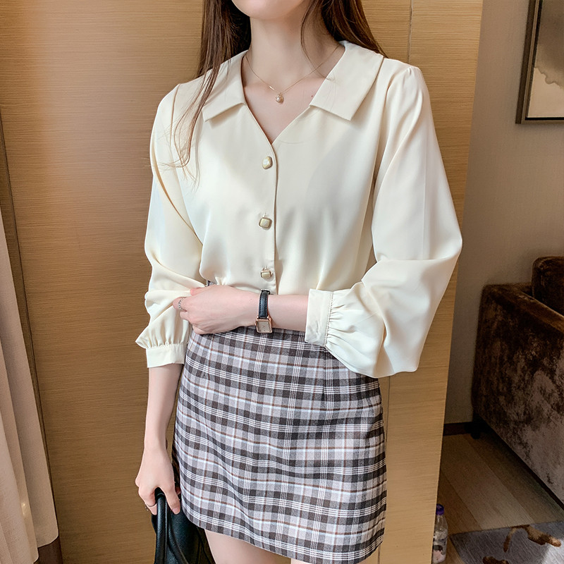 Jarná jesenná blúzka s dlhým rukávom a výstrihom do V, šifónová, dámska, biele topy a blúzky, super rozprávková kancelárska košeľa, dámska chemisier Femme 10685