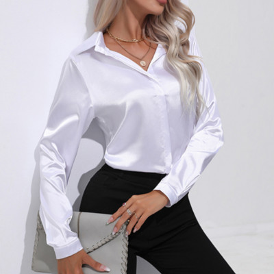 Modna svilena bijela košulja Ženska satenska ženska bluza dugih rukava na kopčanje Široka uredska ženska majica Elegantna košulja Ležerne bluze 26104