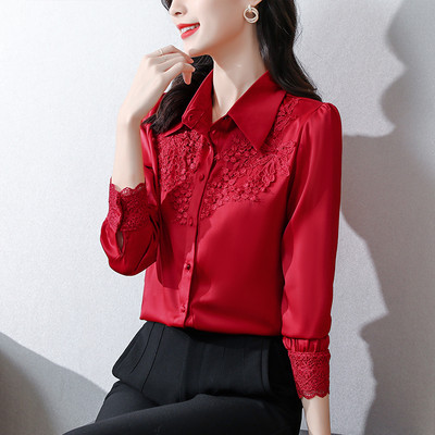 Nova elegantna satenska ženska bluza s vezom, modna košulja dugih rukava, ženske dugmad, uredske ženske majice, jednobojne odjeće, bluze 24636