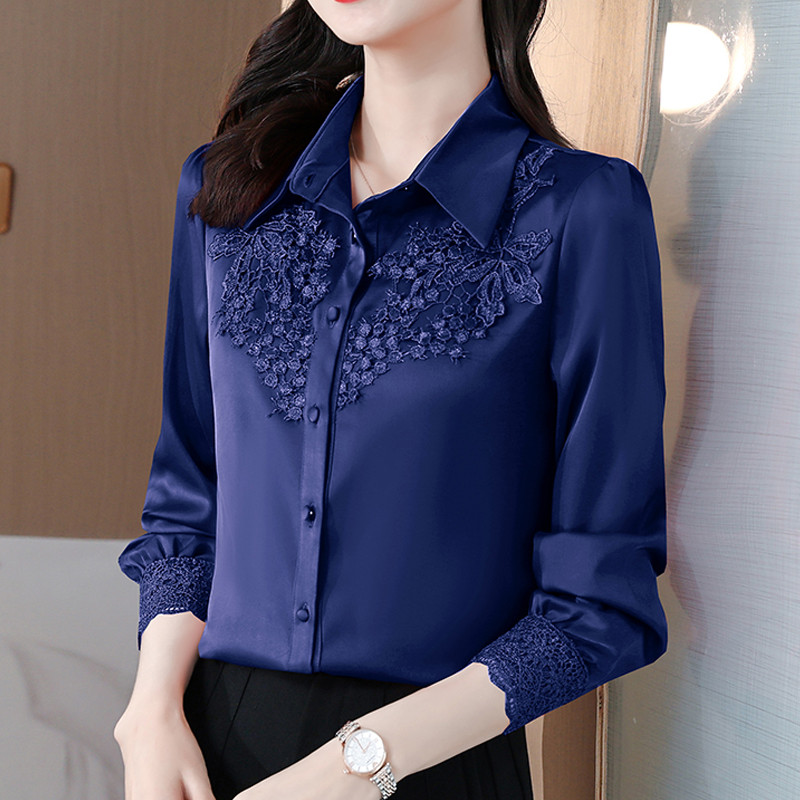 Nova elegantna satenska ženska bluza s vezom, modna košulja dugih rukava, ženske dugmad, uredske ženske majice, jednobojne odjeće, bluze 24636