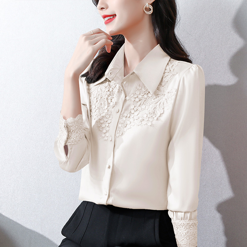 Nova elegantna satenska ženska bluza s vezom, modna košulja dugih rukava, ženske dugmad, uredske ženske majice, jednobojne odjeće, bluze 24636