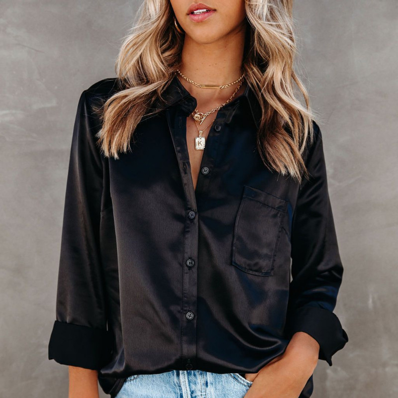 Fehér selyem blúzok Női divatos irodai női felsők fehér szatén elegáns blúz női alkalmi divat bő fekete ingek női 24259