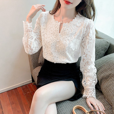 Bluză din dantelă pentru femei, care se potrivește cu mâneci petale, guler în picioare, cămașă moale din dantelă cu flori pentru femei Blusas, cu nasturi, Top alb 19234