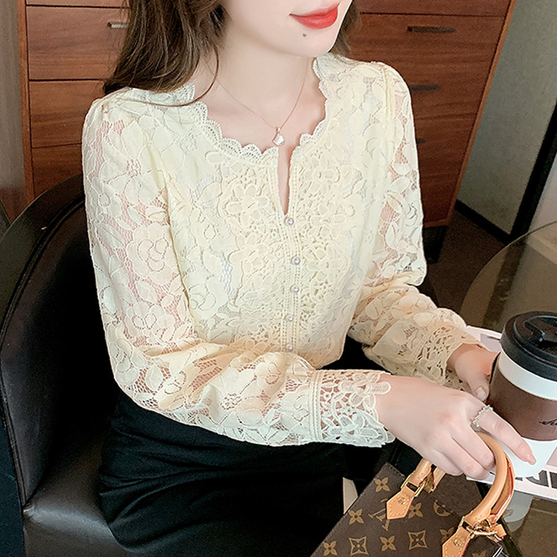 Bluză din dantelă pentru femei, care se potrivește cu mâneci petale, guler în picioare, cămașă moale din dantelă cu flori pentru femei Blusas, cu nasturi, Top alb 19234