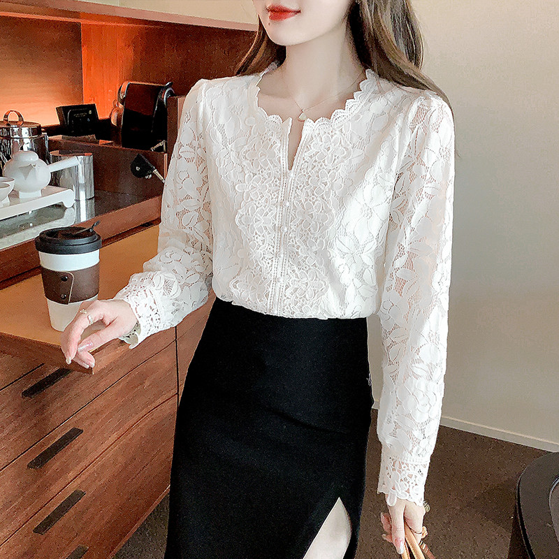 Bluză din dantelă pentru femei, care se potrivește cu mâneci petale, guler în picioare, cămașă moale din dantelă cu flori pentru femei Blusas, cu nasturi, Top alb 19234