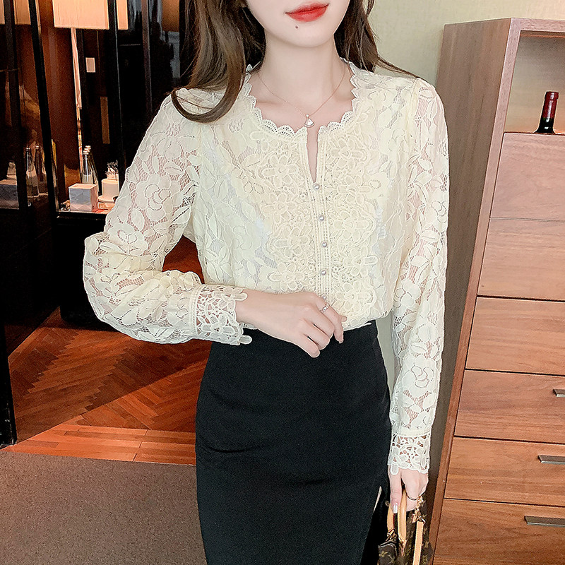 Bluză din dantelă pentru femei, care se potrivește cu mâneci petale, guler în picioare, cămașă moale din dantelă cu flori pentru femei Blusas, cu nasturi, Top alb 19234