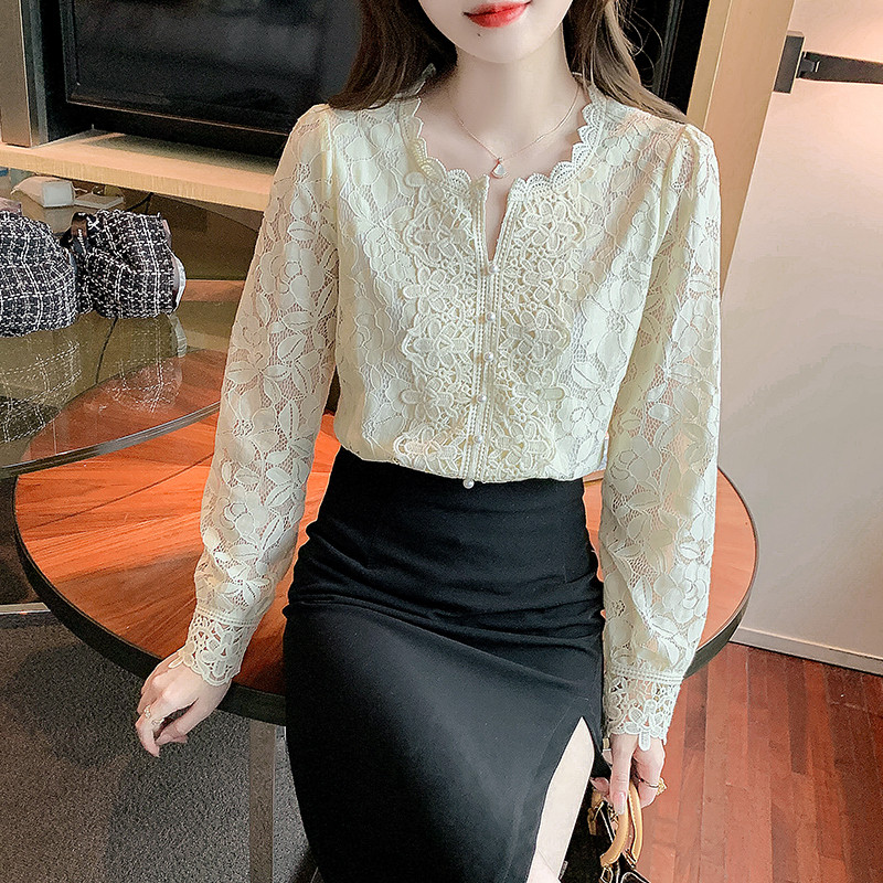 Bluză din dantelă pentru femei, care se potrivește cu mâneci petale, guler în picioare, cămașă moale din dantelă cu flori pentru femei Blusas, cu nasturi, Top alb 19234