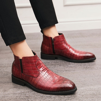 Зимни къси ботуши Висококачествени червени кожени ботуши Челси Мъжки дизайнерски ботуши Модни дебели подметки с остри пръсти Луксозни мъжки ботуши