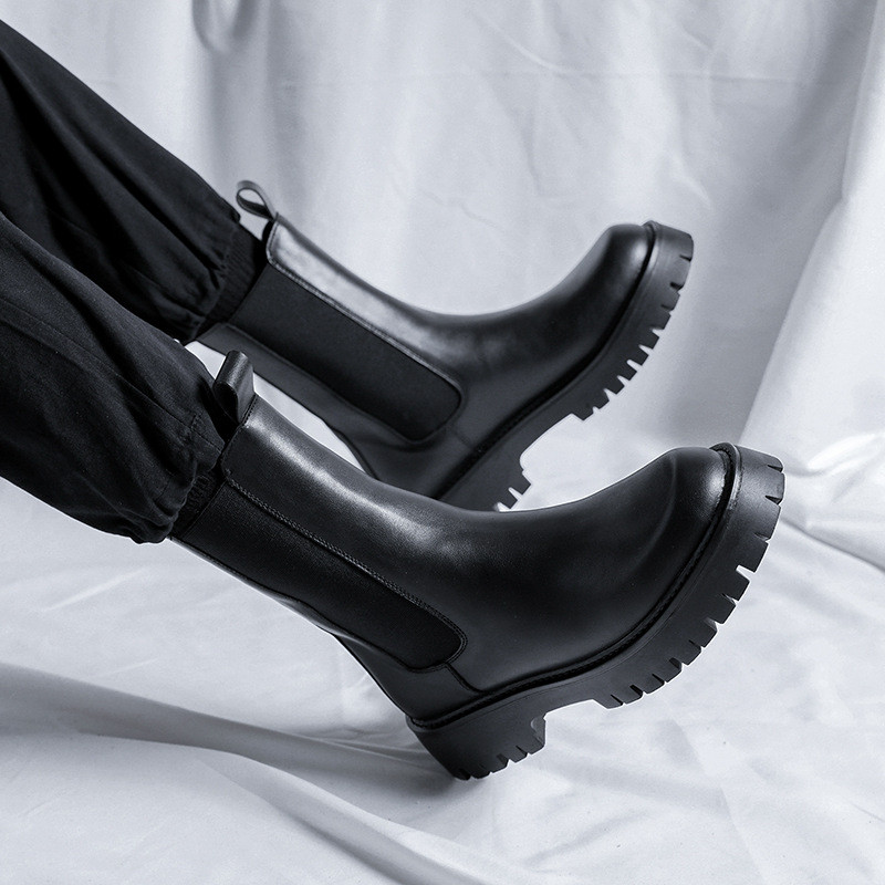 Ανδρικές μπότες σε στυλ Αγγλίας μαύρη παλίρροια μαλακό δερμάτινο φόρεμα πλατφόρμας για νυχτερινό κέντρο διασκέδασης ψηλή μπότα όμορφος τσέλσι μακριά botas mans