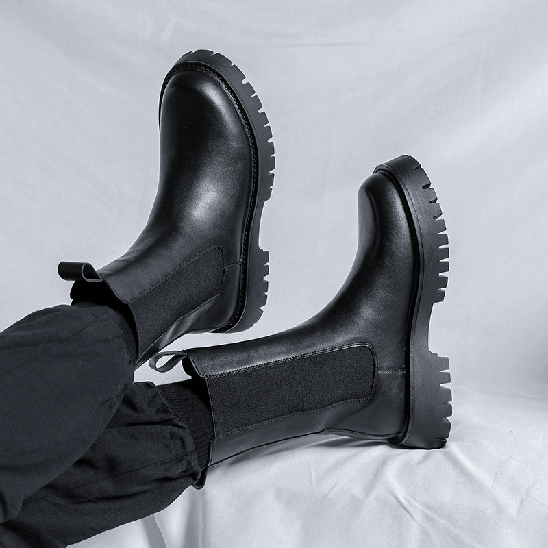 Ανδρικές μπότες σε στυλ Αγγλίας μαύρη παλίρροια μαλακό δερμάτινο φόρεμα πλατφόρμας για νυχτερινό κέντρο διασκέδασης ψηλή μπότα όμορφος τσέλσι μακριά botas mans