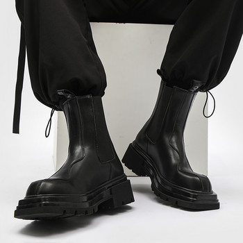 Модни мъжки ботуши Челси на платформа с квадратни пръсти Дамски ежедневни кожени боти до глезена Мъжки бойни ботуши Двойки Streetwear