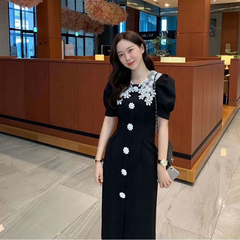 Crna haljina od čipke s mjehurićim rukavima Ženska ljetna francuska duga haljina do struka