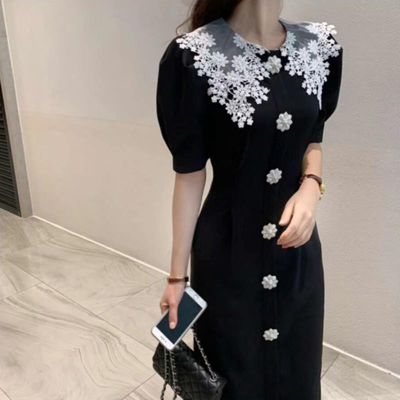 Crna haljina od čipke s mjehurićim rukavima Ženska ljetna francuska duga haljina do struka