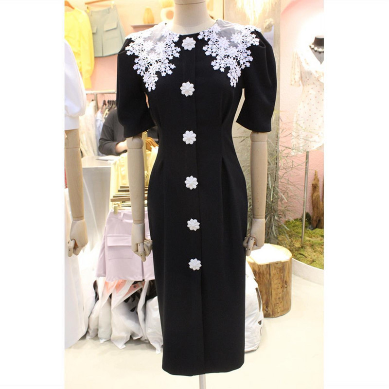 Crna haljina od čipke s mjehurićim rukavima Ženska ljetna francuska duga haljina do struka