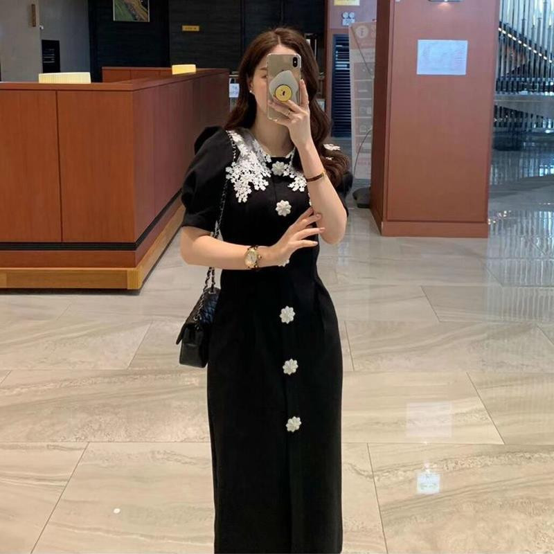 Crna haljina od čipke s mjehurićim rukavima Ženska ljetna francuska duga haljina do struka