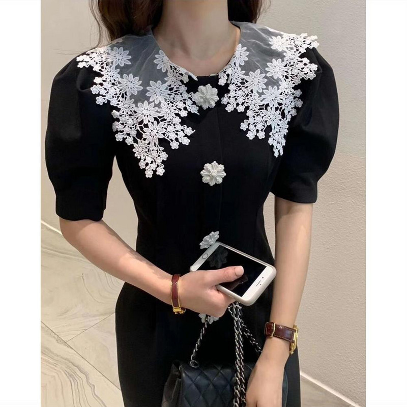 Crna haljina od čipke s mjehurićim rukavima Ženska ljetna francuska duga haljina do struka