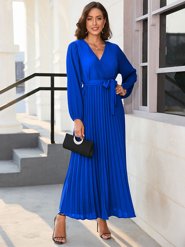 Γυναικείο άνετο μακρύ φόρεμα Χαλαρά μακριά μανίκια V λαιμόκοψη Κομψά φορέματα με κορδόνια για γυναικείο vintage καυτό ροζ φόρεμα