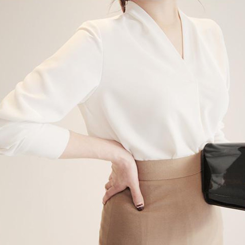 Νέα γυναικεία μπλουζάκια γραφείου σιφόν μπλούζα Γυναικεία μόδα με λαιμόκοψη V μακρυμάνικο λευκό πουκάμισο Γυναικείο Casual Spring Blusas Mujer