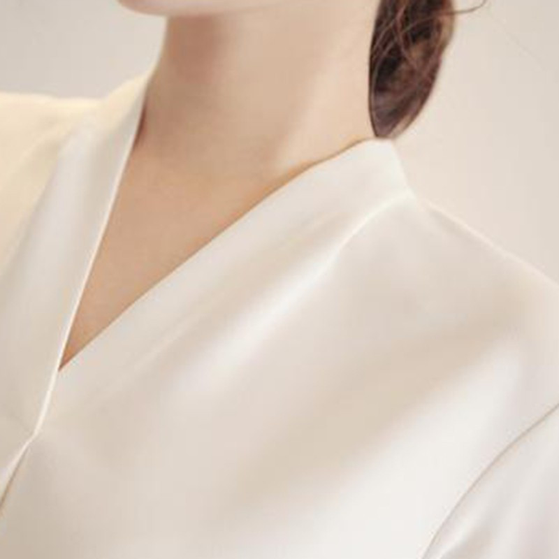 Νέα γυναικεία μπλουζάκια γραφείου σιφόν μπλούζα Γυναικεία μόδα με λαιμόκοψη V μακρυμάνικο λευκό πουκάμισο Γυναικείο Casual Spring Blusas Mujer