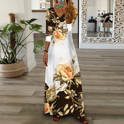 Party haljina Ženska Proljeće Ljeto V-izrez dugih rukava Elegantna modna salonka s printom Ženska maksi haljina Ulična odjeća Dropshipping