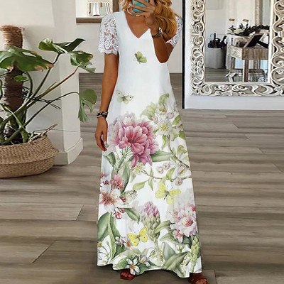 Party haljina Ženska Proljeće Ljeto V-izrez dugih rukava Elegantna modna salonka s printom Ženska maksi haljina Ulična odjeća Dropshipping
