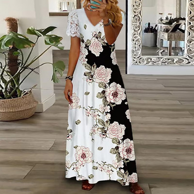 Party haljina Ženska Proljeće Ljeto V-izrez dugih rukava Elegantna modna salonka s printom Ženska maksi haljina Ulična odjeća Dropshipping