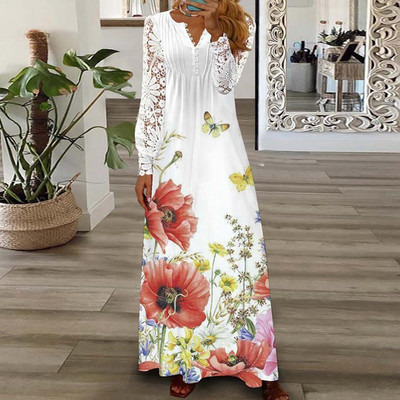Party haljina Ženska Proljeće Ljeto V-izrez dugih rukava Elegantna modna salonka s printom Ženska maksi haljina Ulična odjeća Dropshipping