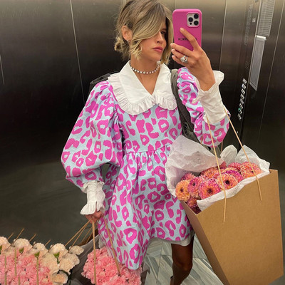 Κορέα Μόδα Pink Lovely Lantern Φορέματα με μανίκια Λεοπάρ Φόρεμα με μακρυμάνικο A γραμμή Casual κούκλα γιακά φορέματα Γυναικεία 2022