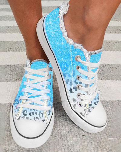 Γυναικεία πάνινα παπούτσια με αντίθεση Λεοπάρ στάμπα ξεφτισμένα γυναικεία παπούτσια καμβά εκτύπωσης καμβά Γυναικεία ίσια αθλητικά παπούτσια Casual παπούτσια Loafers