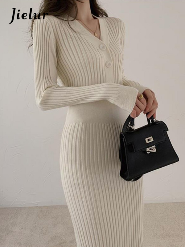 Jielur Vintage pletene haljine dugih rukava Ženska tanka korejska elegantna haljina Ženska zimska midi haljina s gumbima i V izrezom
