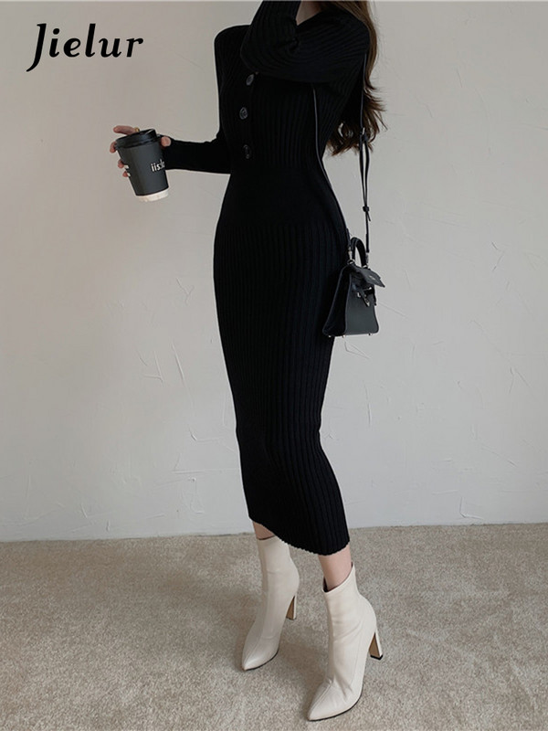 Jielur Vintage pletene haljine dugih rukava Ženska tanka korejska elegantna haljina Ženska zimska midi haljina s gumbima i V izrezom