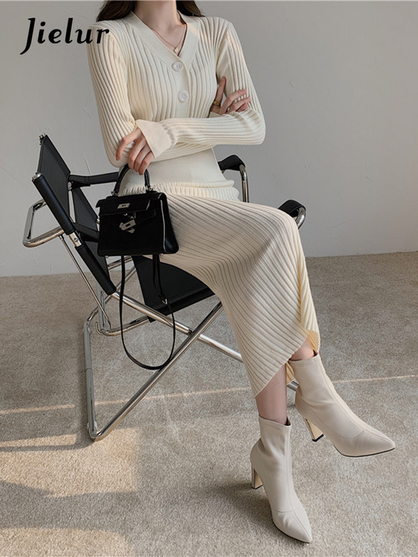 Jielur Vintage pletene haljine dugih rukava Ženska tanka korejska elegantna haljina Ženska zimska midi haljina s gumbima i V izrezom