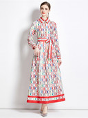 Νέα Φθινοπωρινά Μόδα Γράμματα Εκτύπωση Γιορτινό Μακρύ Φόρεμα Γυναικείο Ολόσωμο μανίκι Ζώνη γιακά με Δαντέλα Επάνω Vintage Ρόμπα Vestidos