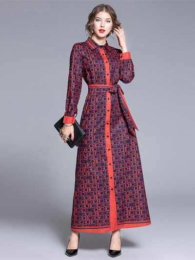 Νέα Φθινοπωρινά Μόδα Γράμματα Εκτύπωση Γιορτινό Μακρύ Φόρεμα Γυναικείο Ολόσωμο μανίκι Ζώνη γιακά με Δαντέλα Επάνω Vintage Ρόμπα Vestidos