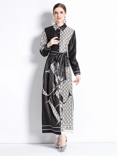 Νέα Φθινοπωρινά Μόδα Γράμματα Εκτύπωση Γιορτινό Μακρύ Φόρεμα Γυναικείο Ολόσωμο μανίκι Ζώνη γιακά με Δαντέλα Επάνω Vintage Ρόμπα Vestidos