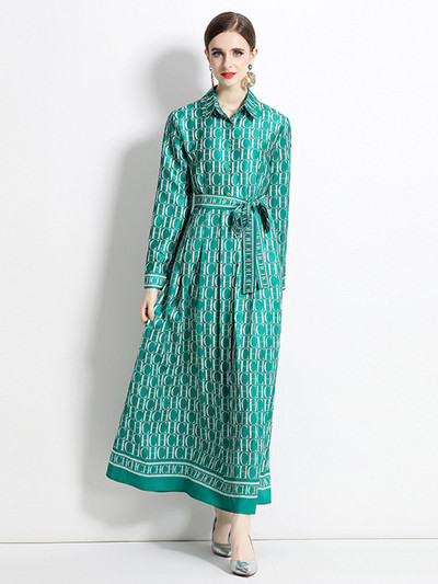 Νέα Φθινοπωρινά Μόδα Γράμματα Εκτύπωση Γιορτινό Μακρύ Φόρεμα Γυναικείο Ολόσωμο μανίκι Ζώνη γιακά με Δαντέλα Επάνω Vintage Ρόμπα Vestidos