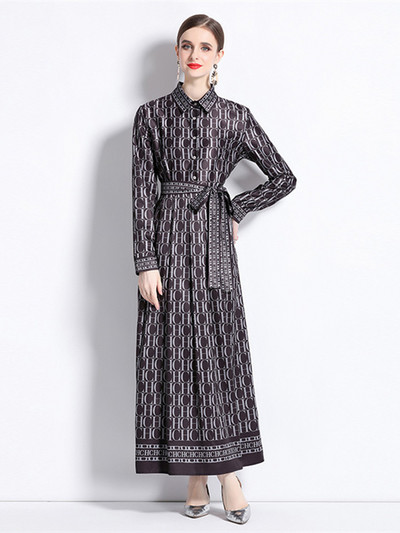 Νέα Φθινοπωρινά Μόδα Γράμματα Εκτύπωση Γιορτινό Μακρύ Φόρεμα Γυναικείο Ολόσωμο μανίκι Ζώνη γιακά με Δαντέλα Επάνω Vintage Ρόμπα Vestidos