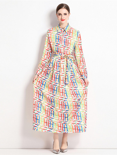 Νέα Φθινοπωρινά Μόδα Γράμματα Εκτύπωση Γιορτινό Μακρύ Φόρεμα Γυναικείο Ολόσωμο μανίκι Ζώνη γιακά με Δαντέλα Επάνω Vintage Ρόμπα Vestidos