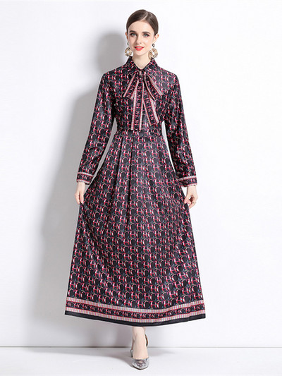 Νέα Φθινοπωρινά Μόδα Γράμματα Εκτύπωση Γιορτινό Μακρύ Φόρεμα Γυναικείο Ολόσωμο μανίκι Ζώνη γιακά με Δαντέλα Επάνω Vintage Ρόμπα Vestidos