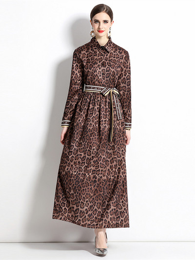 Νέα Φθινοπωρινά Μόδα Γράμματα Εκτύπωση Γιορτινό Μακρύ Φόρεμα Γυναικείο Ολόσωμο μανίκι Ζώνη γιακά με Δαντέλα Επάνω Vintage Ρόμπα Vestidos