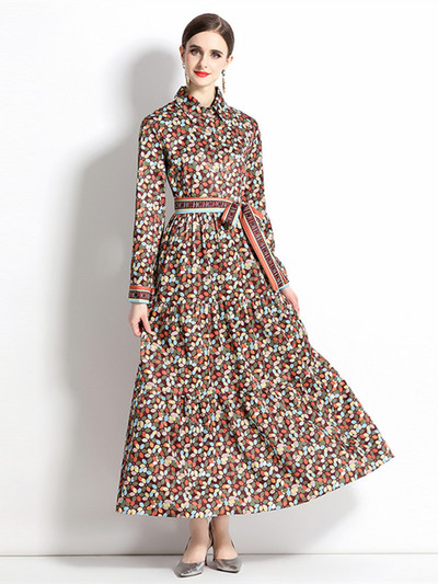 Νέα Φθινοπωρινά Μόδα Γράμματα Εκτύπωση Γιορτινό Μακρύ Φόρεμα Γυναικείο Ολόσωμο μανίκι Ζώνη γιακά με Δαντέλα Επάνω Vintage Ρόμπα Vestidos