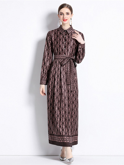 Νέα Φθινοπωρινά Μόδα Γράμματα Εκτύπωση Γιορτινό Μακρύ Φόρεμα Γυναικείο Ολόσωμο μανίκι Ζώνη γιακά με Δαντέλα Επάνω Vintage Ρόμπα Vestidos